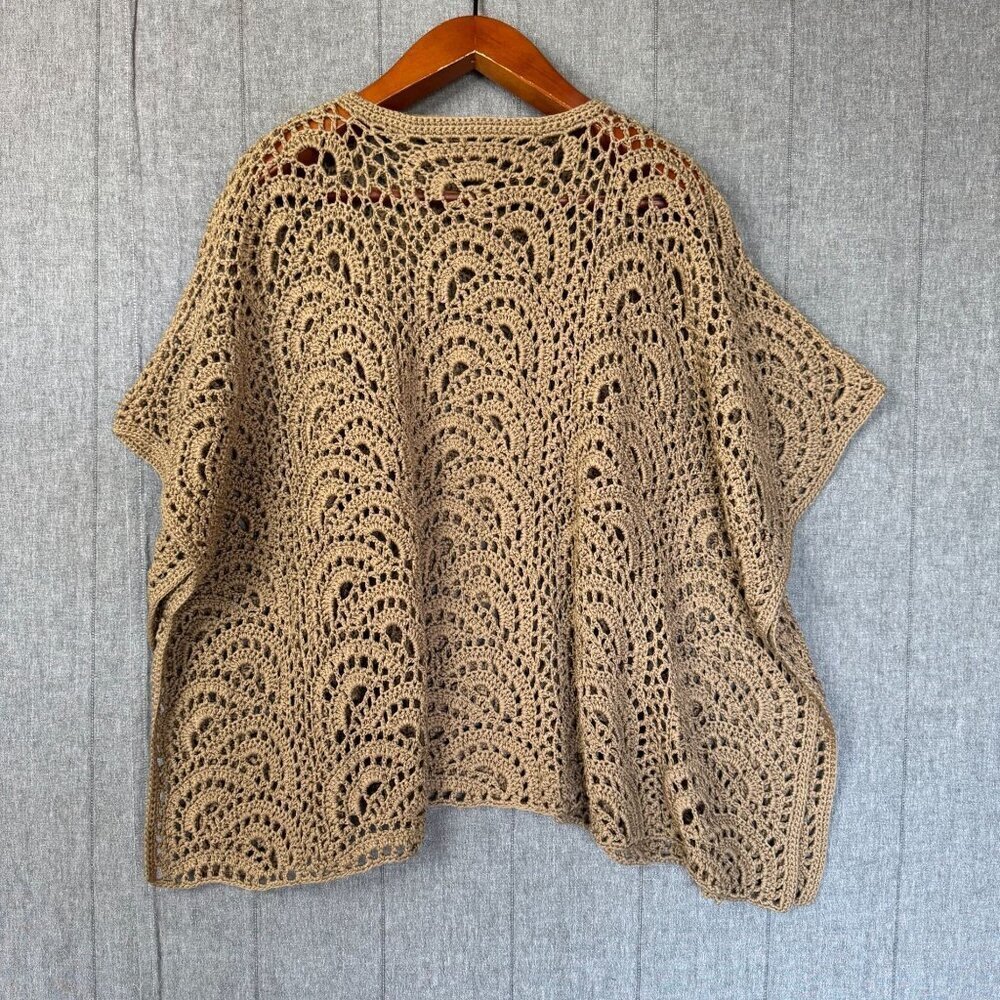Tan Camel Crochet High Collar Pull Over Side Snap Closure Coastal Boho Poncho - Picture 4 of 12